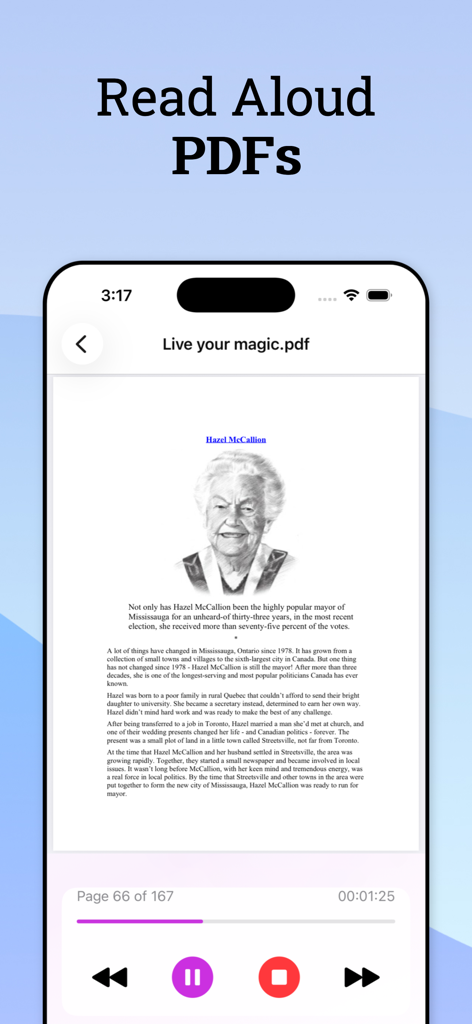 TTS Reader app interface showing a PDF document being read aloud with audio playback controls on an iPhone