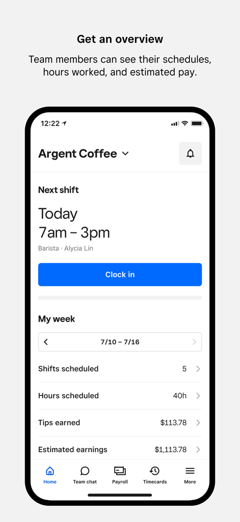 Square Team app home screen showing shift schedules and estimated earnings