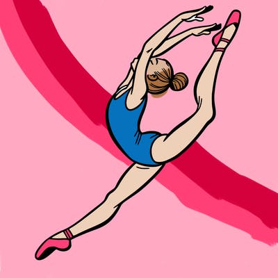 gymnast doing a leap in a leotard with a bent back leg