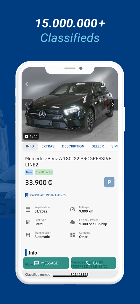 Interfaz de la aplicación Car.gr mostrando un anuncio detallado de un Mercedes-Benz con precio y especificaciones técnicas