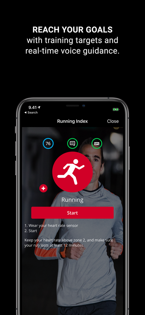 Polar Beat app showing the running index screen with training goals and voice guidance information.