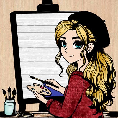 realistic girl artist painting a blank canvas