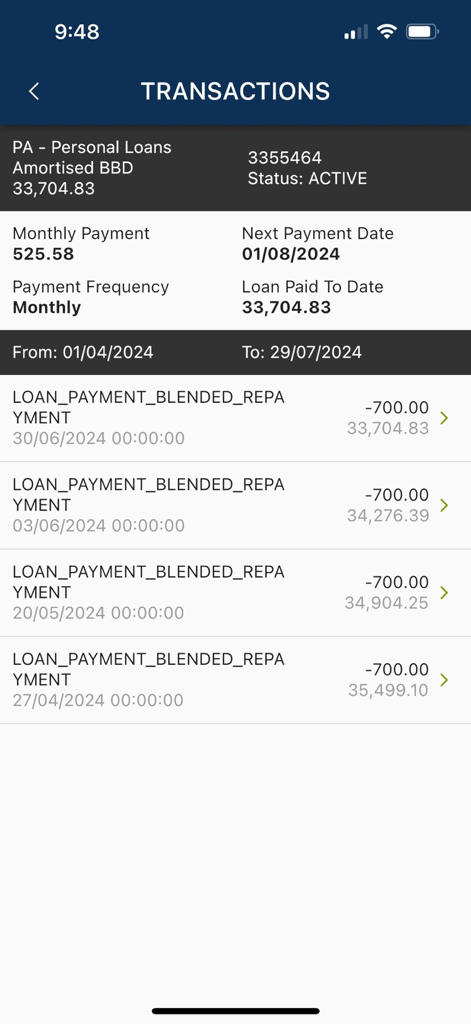 SigniaGlobe Financial Mobile - SigniaGlobe Financial Mobile app transaction history screen
