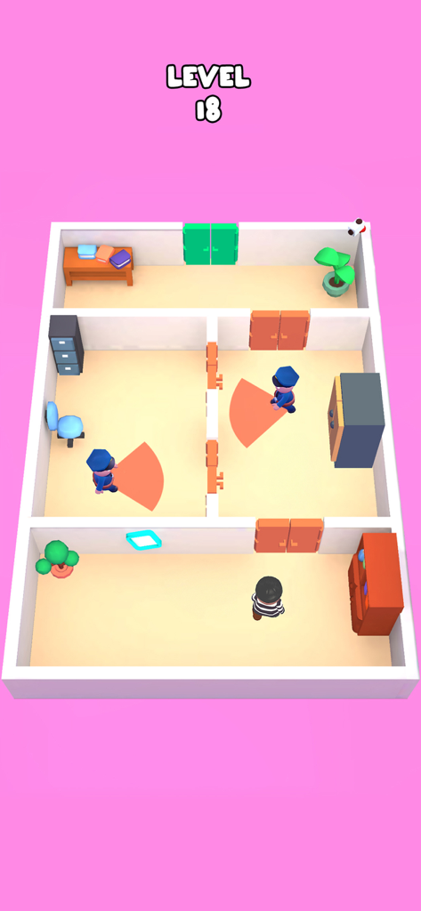 Thief Escape: Adorable Rescue - Thief character avoiding police vision cones in a top-down stealth puzzle level.