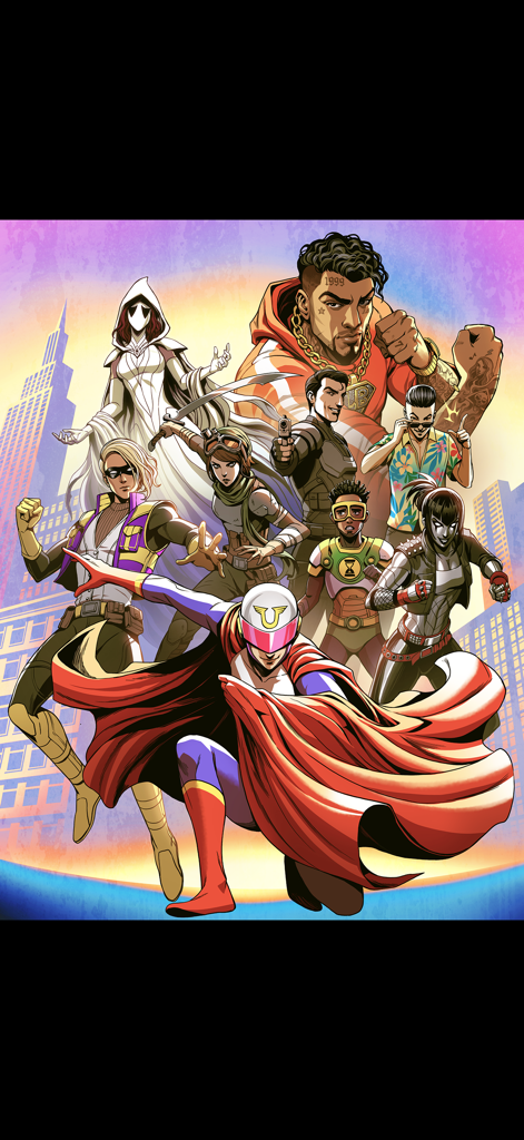 A group of diverse superhero and fantasy characters in a comic book art style