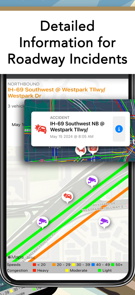 A screenshot of the Houston TranStar app showing detailed roadway incident information on a map, including an accident alert and traffic camera icons.