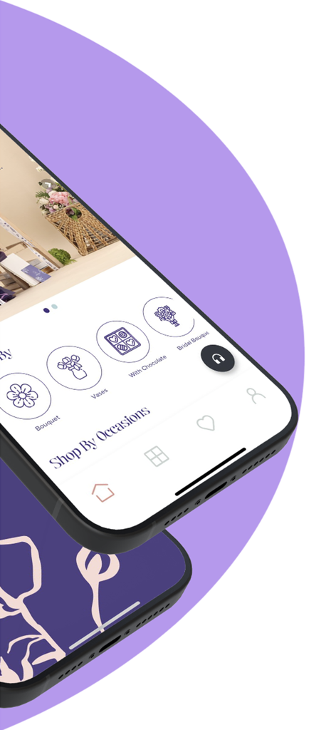 Spring Rose mobile app interface showing categories for bouquets, vases, and chocolates.