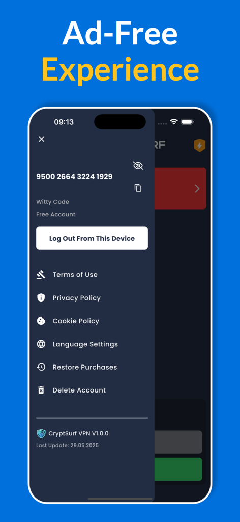 CryptSurf VPN app settings menu showing an anonymous account number and privacy options.