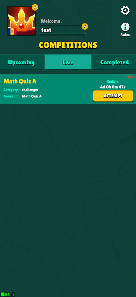 Arena by Live MCL - Arena by LiveMCL dashboard displaying a live mental math quiz competition