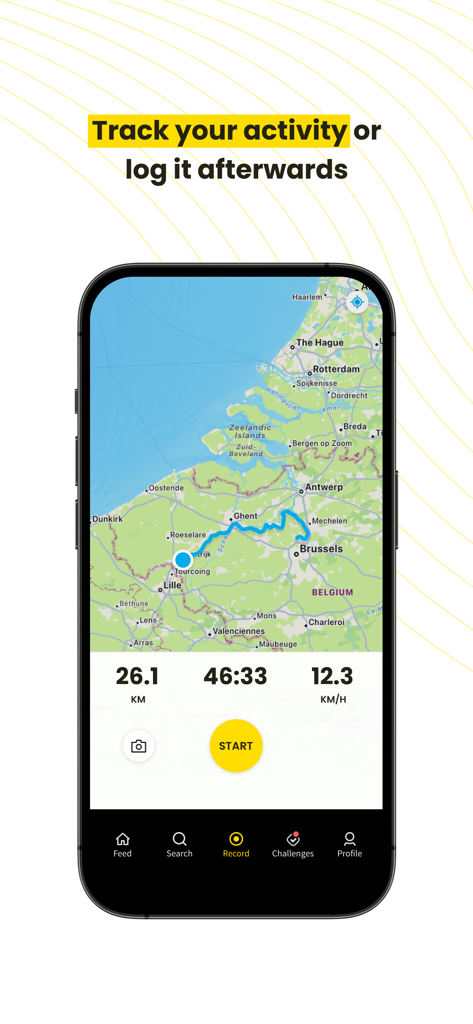 iPhone screen showing the Relive app activity tracker with a map and statistics like distance and speed