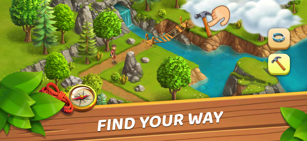 Funky Bay – Farm & Adventure - Un personaggio che naviga in un paesaggio tropicale con un ponte e una cascata a Funky Bay