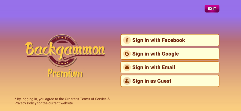 Backgammon Premium: Master - バックギャモンプレミアムマスターアプリのログイン画面、Facebook Google メールまたはゲストでサインインするオプションが表示されます