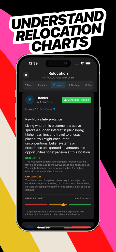 Astrocartography - Pathfinder - Pantalla de aplicación móvil que muestra un análisis detallado de la carta de reubicación astrológica de Urano, incluida la interpretación de casas y fortalezas