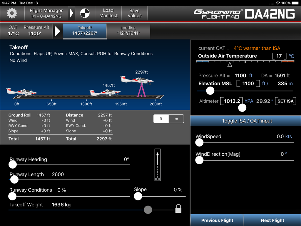 Gyronimo Flight Pad takeoff performance and ground roll calculation for DA42NG aircraft