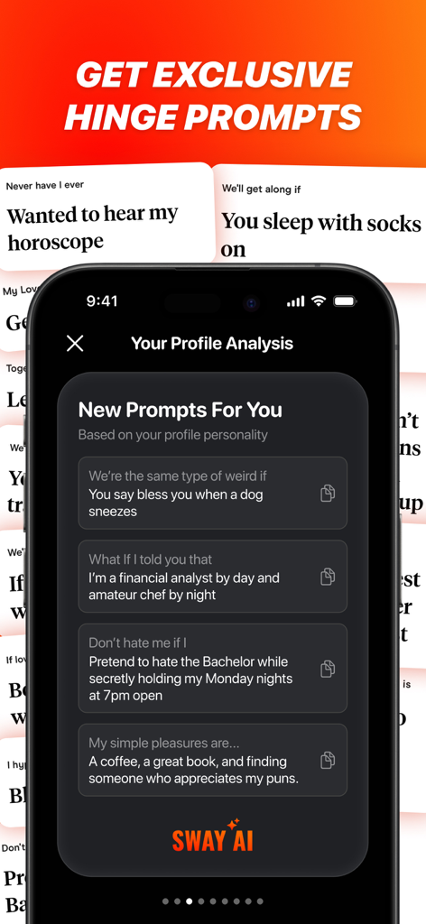 Sway AI: Dating App Assistant - Pantalla de la aplicación Sway AI con prompts de citas personalizados para la optimización del perfil de Hinge.