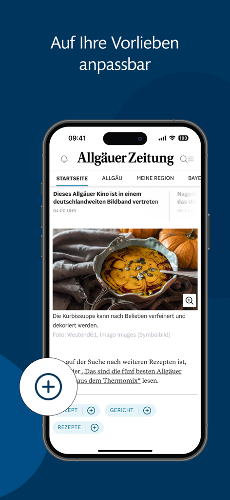 Captura de pantalla de la aplicación Allgäuer Zeitung News destacando las funciones de personalización y un artículo de noticias local.