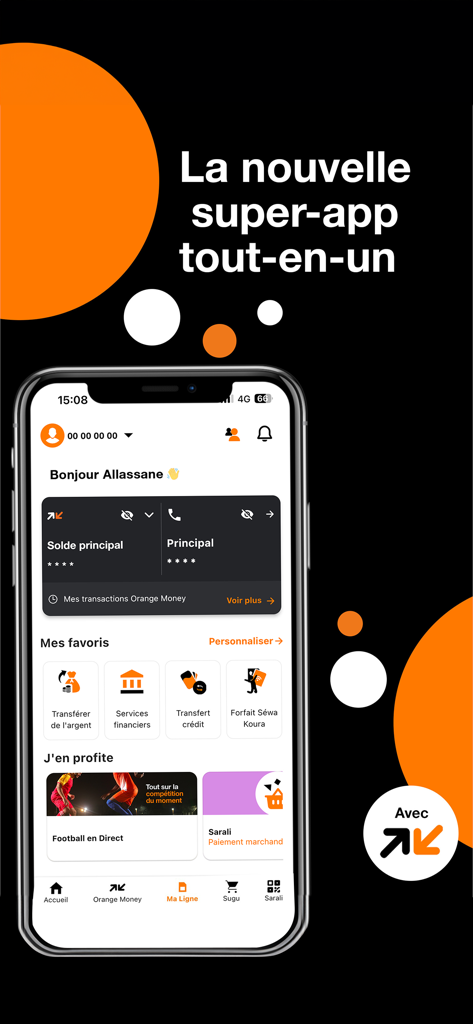 Orange Max it – Mali - Home screen of the Orange Max it Mali app showing financial services and account management