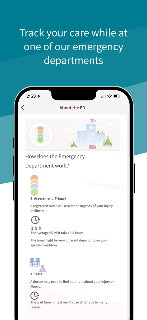 Stanford Health Care MyHealth - Stanford MyHealth app interface showing emergency department care tracking including triage and test information