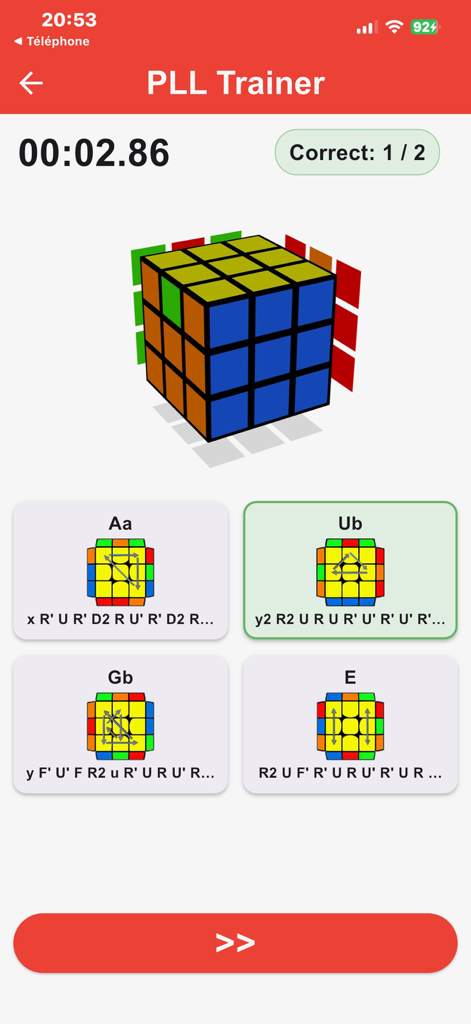 PLL Trainer screen in the CFOPTrainer app featuring a 3D Rubik's Cube case and multiple choice algorithm cards for speedcubing practice.