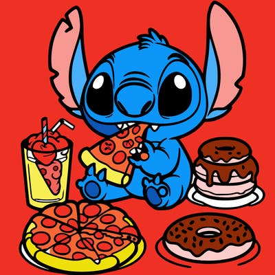 stich eating pizza and donuts