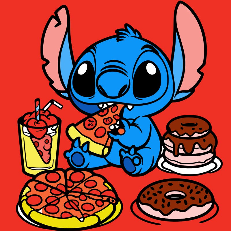 stich eating pizza and donuts