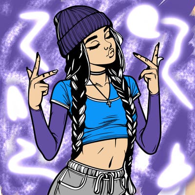 realistic teenage girl with braids and a beanie and crop top doing 🫶🏼