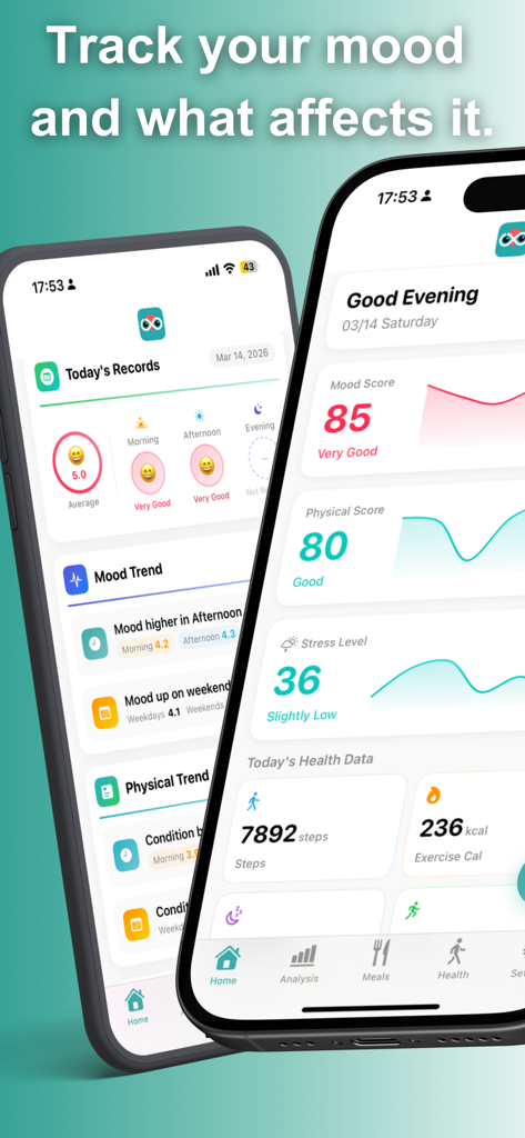Owla -Health Tracker - Owla app dashboard showing mood scores and physical health trends.