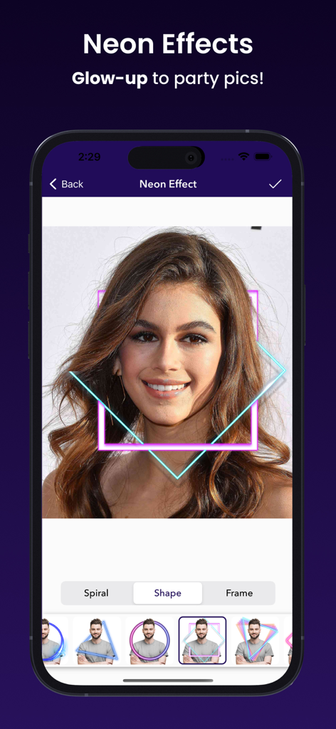 Ai Photo Retouch -Video Editor - Interfaccia di un'app mobile che mostra forme geometriche al neon e cornici per l'editing di foto.