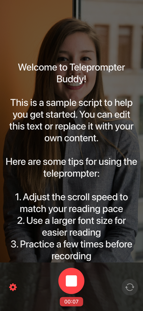 Teleprompter Buddy For Video - A professional recording a video using the Teleprompter Buddy app with a scrolling script on screen