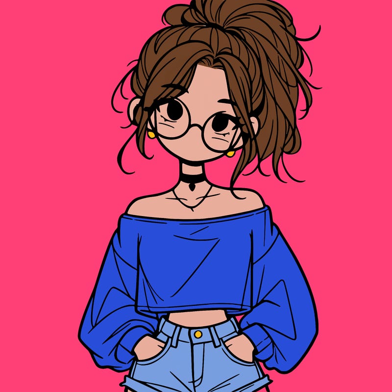girl with a messy ponytail glasses a baggy crop top and jean shorts