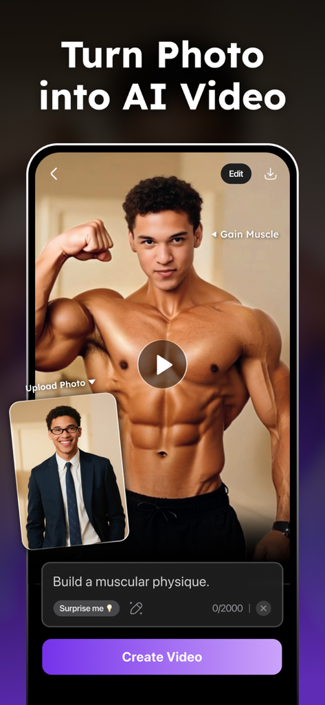 A mobile app interface displaying a man's professional photo being transformed into a muscular AI video version