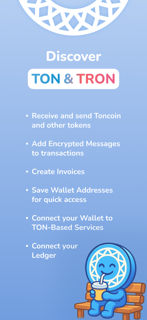 MyTonWallet-Funktionsliste, die Unterstützung für TON- und TRON-Netzwerke und Ledger-Verbindung zeigt