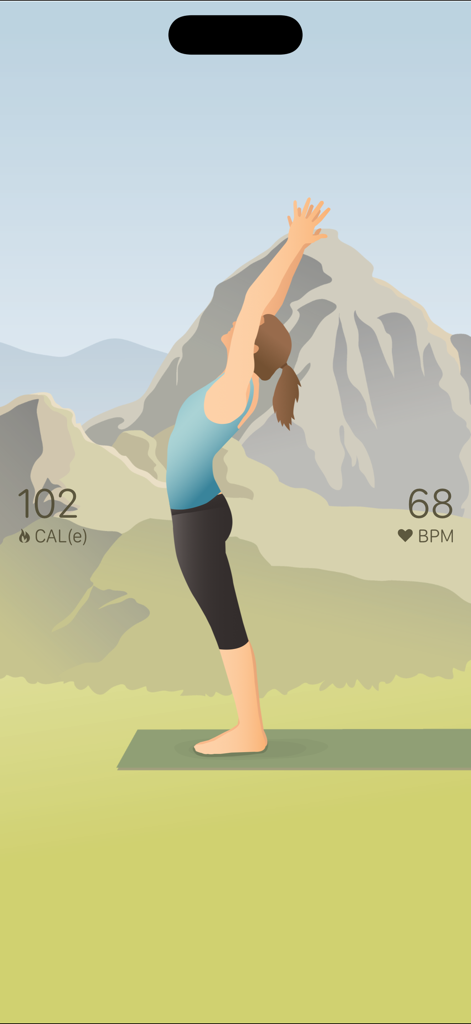Pocket Yoga - Yoga session interface displaying an illustrated pose with heart rate and calorie tracking