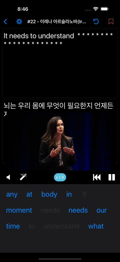 TEDICT app screenshot showing a dictation exercise with a TED talk video and word selection tiles.