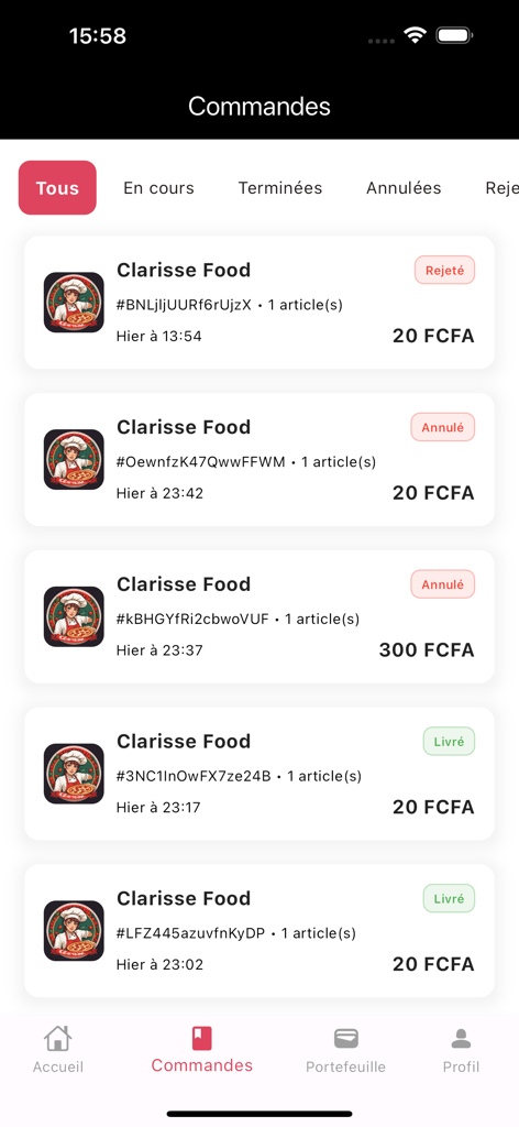 MAC Eats - Tela de histórico de pedidos do aplicativo MAC Eats exibindo uma lista de pedidos de comida e seu status