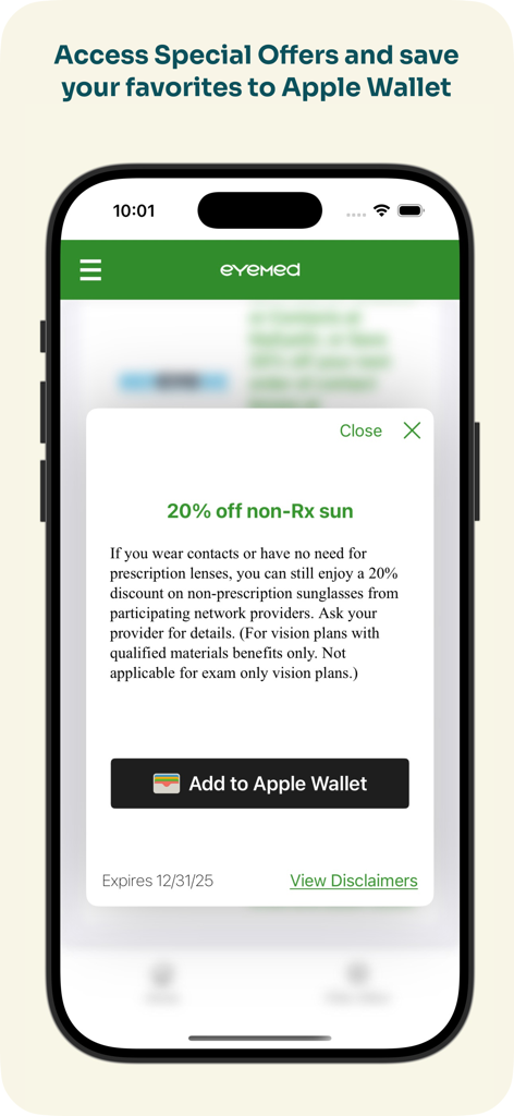 Captura de tela do aplicativo EyeMed exibindo uma oferta especial para óculos de sol e um botão Adicionar à Carteira Apple.