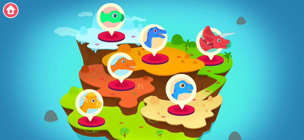 Carte colorée de l'île avec différents personnages dinosaures pour la sélection des niveaux.