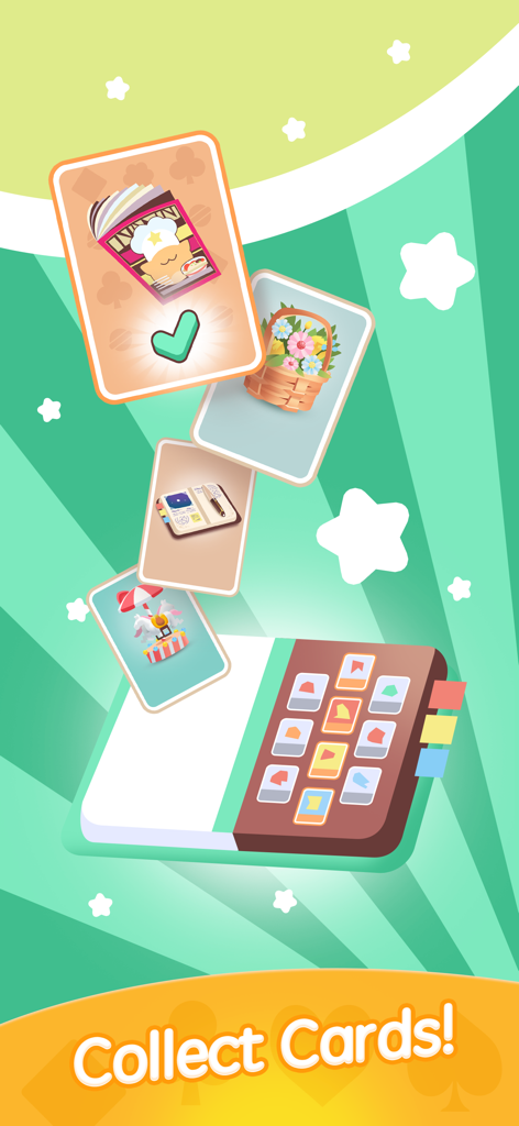 illustrated cards with various items like a cat chef and flower basket falling into a collection album