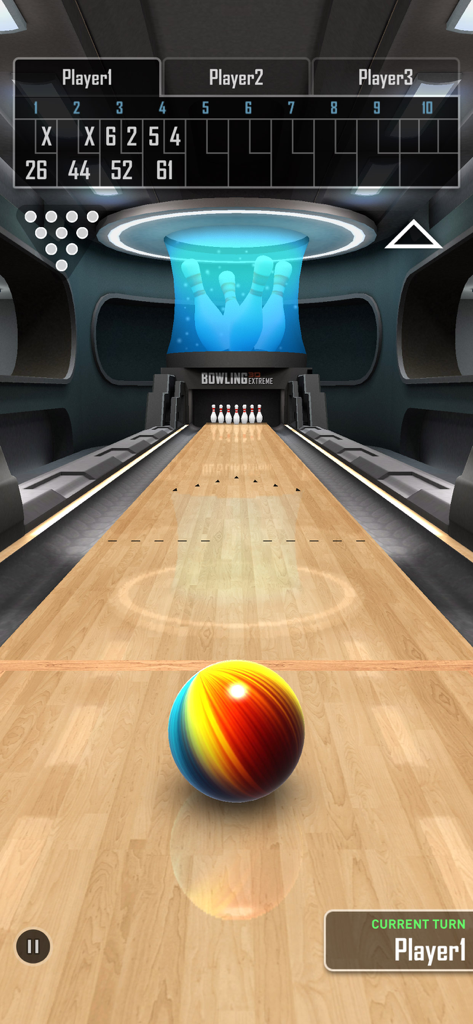 Bowling 3D Extreme - Gameplay do Bowling 3D Extreme mostrando uma bola de boliche colorida em uma pista 3D com um placar