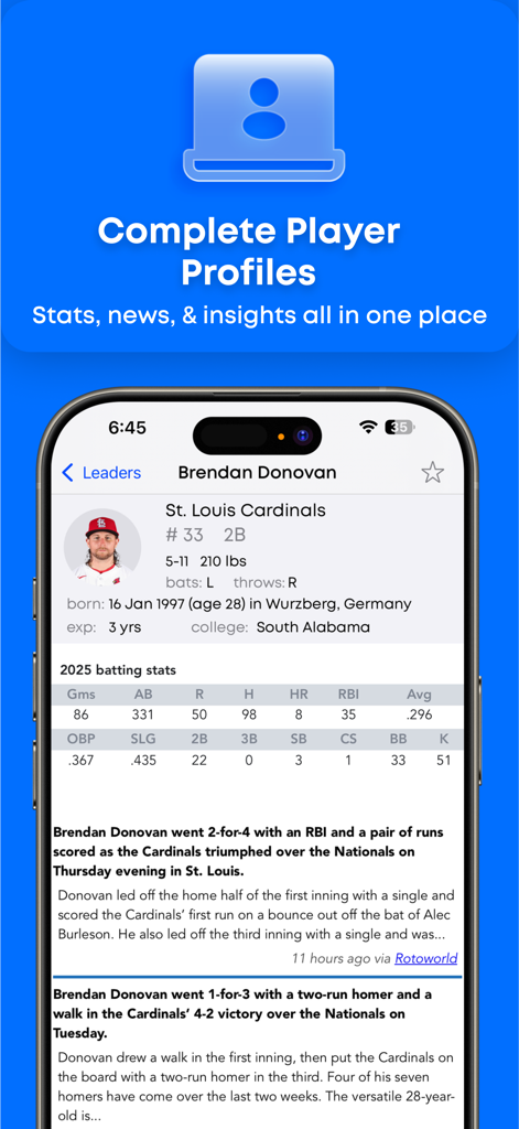 Pantalla del perfil del jugador Brendan Donovan en la aplicación Alertas Deportivas mostrando estadísticas de la MLB e información de noticias