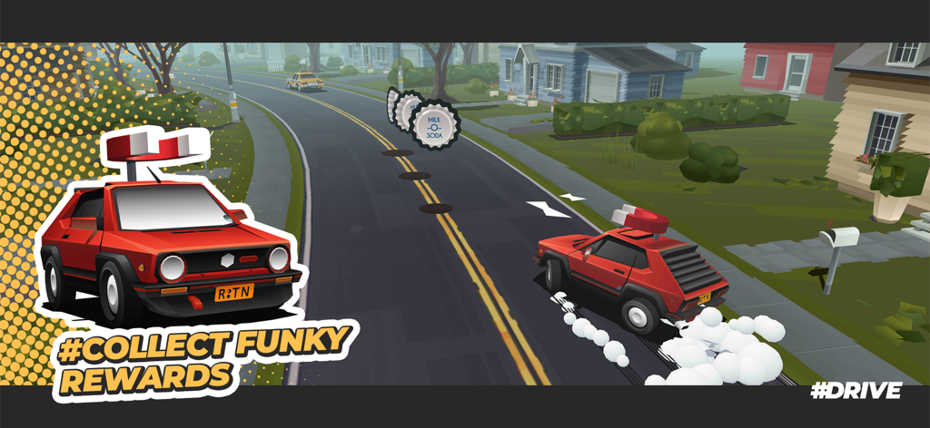 A red vintage car collecting bottle cap rewards on a suburban street in the game #DRIVE