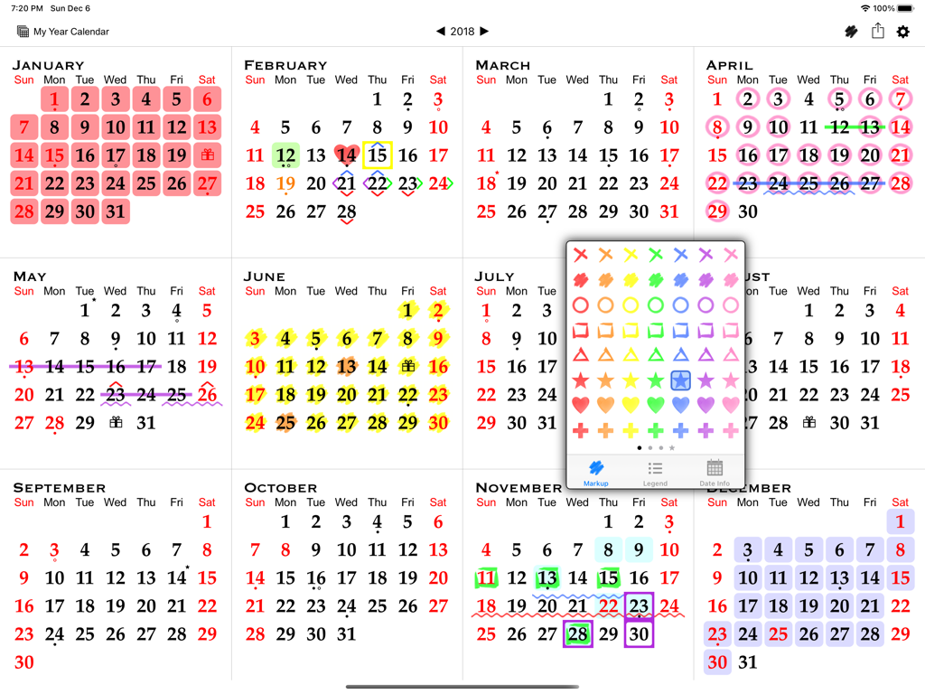 All-in-One Year Calendar Pro - Full year calendar view on iPad with a floating markup toolbox for color-coding and planning dates.
