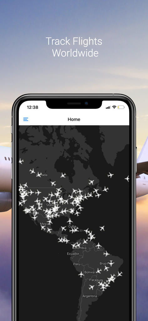 Flight Tracker App - Captura de pantalla de la aplicación móvil que muestra un mapa global con íconos de aviones blancos rastreando vuelos en todo el mundo