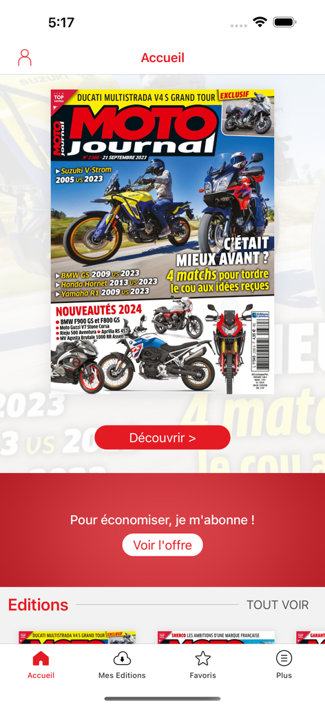 Moto Journal Magazine - Pantalla de inicio de la aplicación Moto Journal con la última edición digital que presenta pruebas y noticias de motocicletas