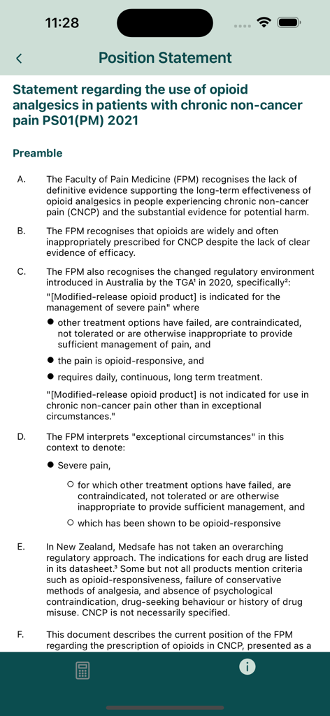 Position statement regarding the use of opioid analgesics for chronic non-cancer pain in the app
