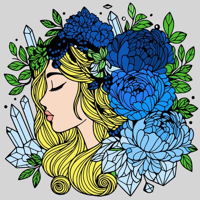 complex mandala woman profile with peonies and crystals in her hair