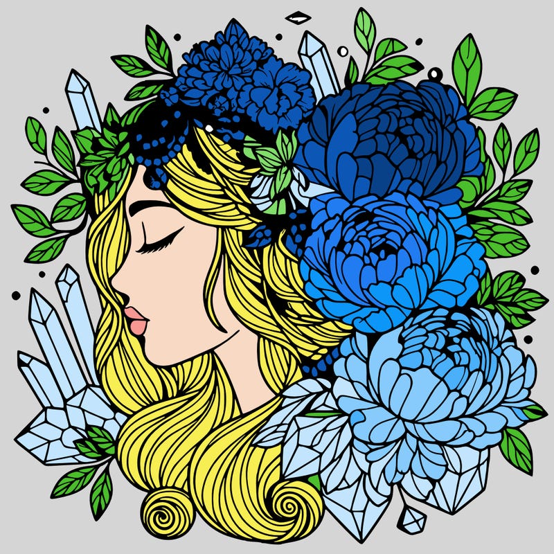 complex mandala woman profile with peonies and crystals in her hair