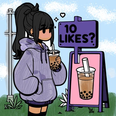 girl with oversized hoodie drinking boba and she has a high ponytail with a sign that says 10likes?