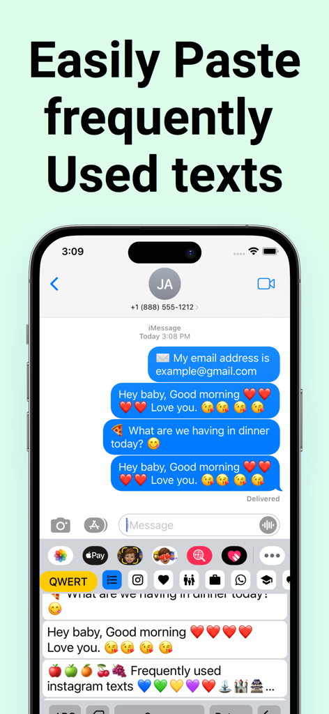 Paste Keyboard : Text Shortcut - iPhone screen displaying the Paste Keyboard app with shortcuts for frequently used text messages.