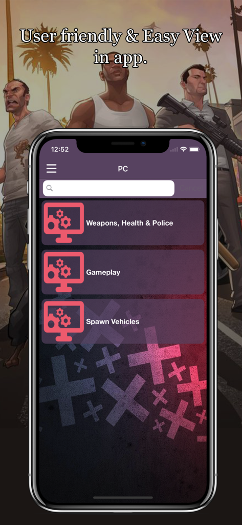 GTA 5チートコードアプリのインターフェース。PCのチートカテゴリ（武器、乗り物召喚など）が表示されています。